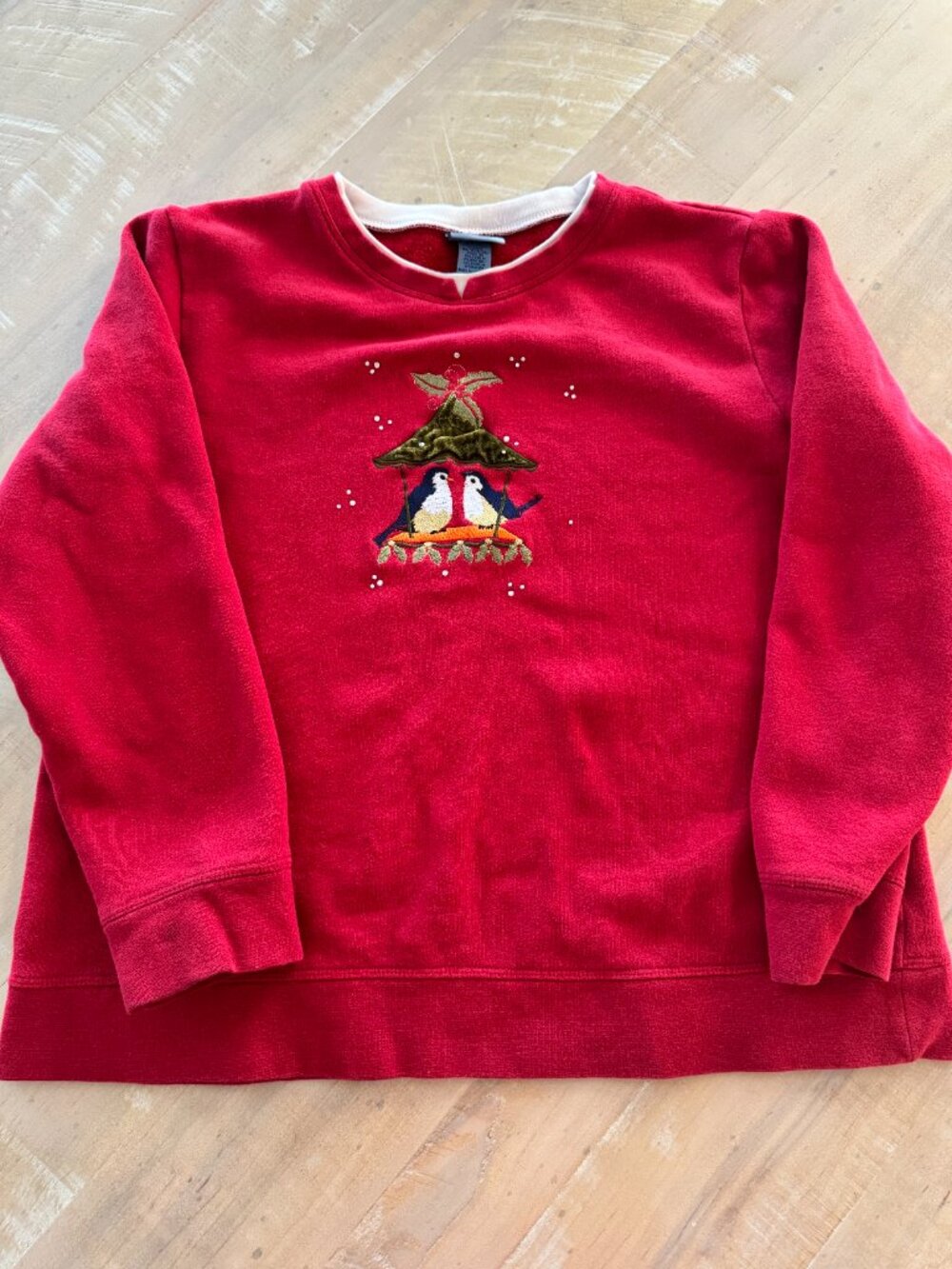 Vintage Embroidered Bird Winter Sweatshirt | Red Double Collar Holiday Crewneck